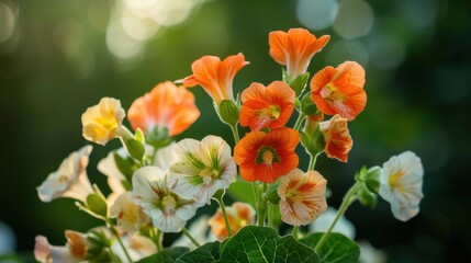 Obraz premium Nasturtium flowers orange and white on a blurred background. generative AI image