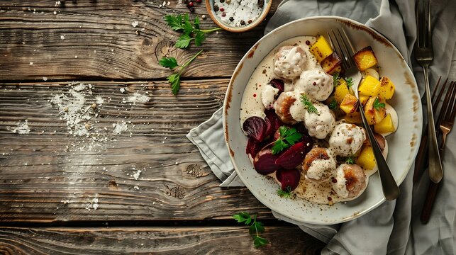 German Knigsberger Klopse meatballs in caper cream sauce with boiled potatoes beet root salad on porcelain plate and rustic wooden table with cutlery and napkin : Generative AI