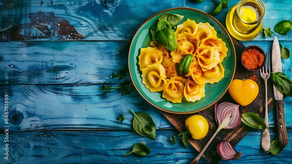 Wall mural Homemade italian ravioli pasta in heart shape with beef meat cheese sauce caramelized onions basil and saffron on old wooden blue background Food cooking menu ingredients background To : Generative AI