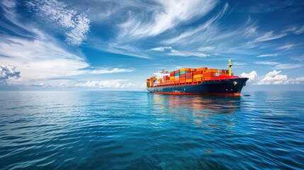 A cargo ship sailing across the ocean, loaded with containers