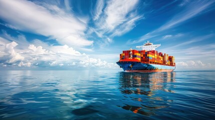 A cargo ship sailing across the ocean, loaded with containers