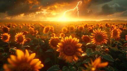 A beautiful sunflower field against the background of a stormy sunset