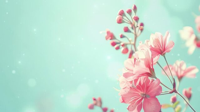 Beautiful Pink Spring Flowers on Soft Blue Background. wide copy space. high quality. 8k. high resolution