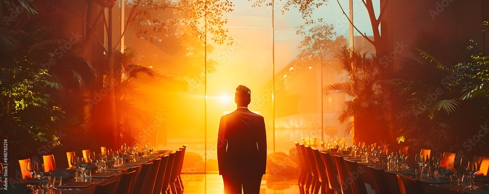 Poster businessman hosting elegant networking event engaging with industry peers in scenic setting