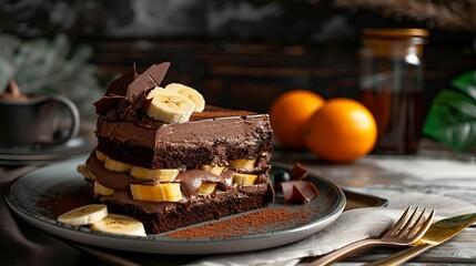 Delicious and fluffy chocolate mousse cake with banana and orange aroma : Generative AI