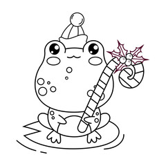 Christmas frog in winter hat with striped candy cane with holly. Cute outline animal kawaii character. Line drawing, coloring book. Vector illustration. Kids collection.