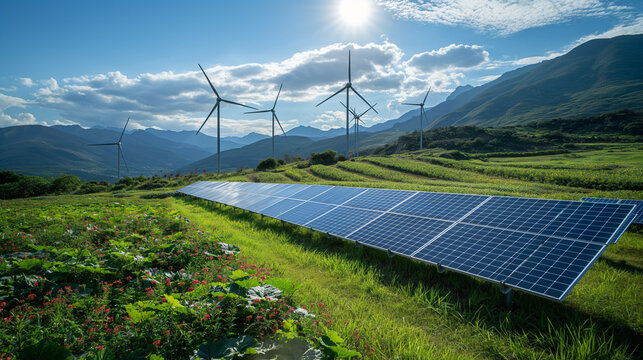 Solar panels and wind turbines in a lush field, representing renewable energy and sustainable development in an eco-friendly environment.