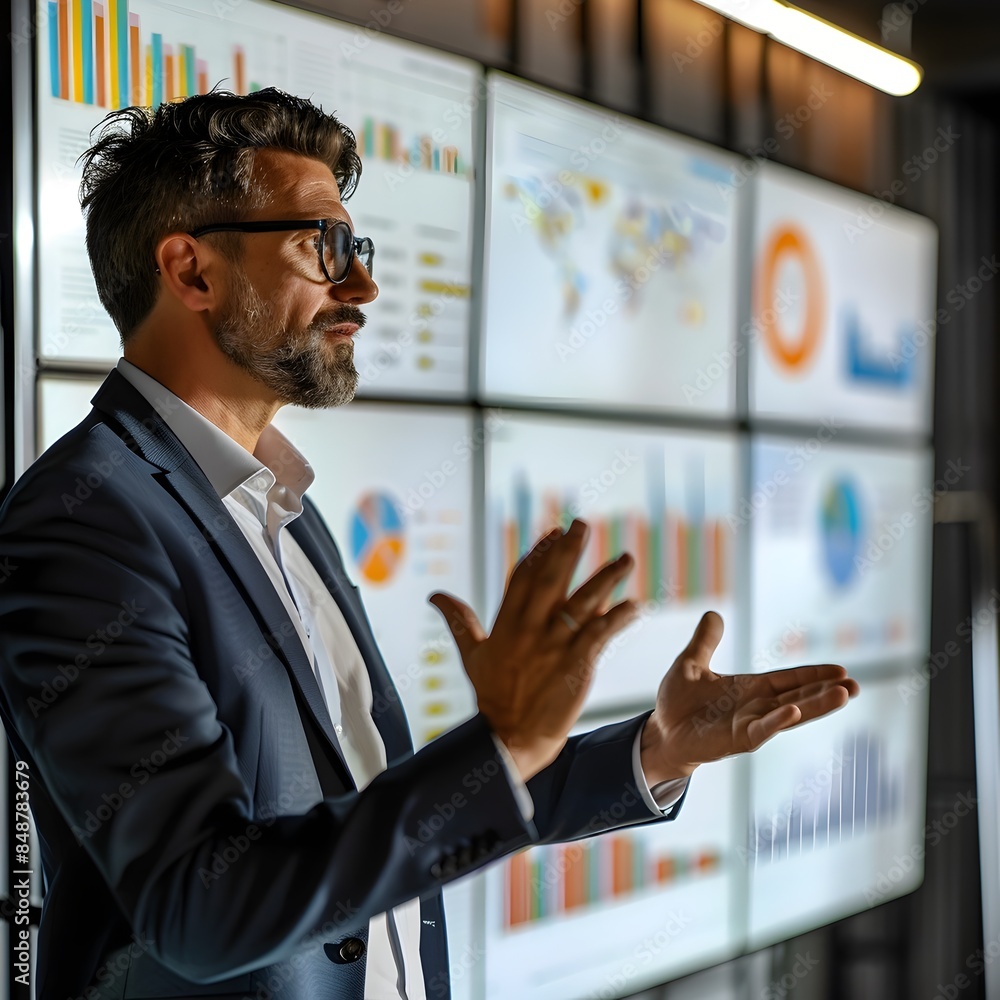 Poster dynamic business presentation with compelling data visualizations on large screen