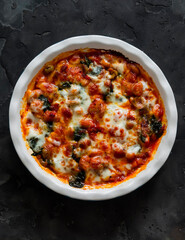 Delicious snack, appetizer, tapas - baked beans with spinach and mozzarella cheese in a baking dish on a dark background, top view