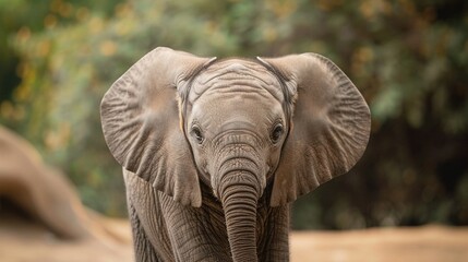   Close-up of an elephant's face and trunk amidst trees in the background and bushes in the foreground