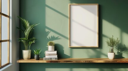 Minimalistic Modern Living Room with Wooden Shelves, Green Wall, and Mockup Poster Frame, Interior Design Concept