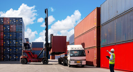 Foreman control loading Containers box from Cargo freight ship for import export. Logistic Concept