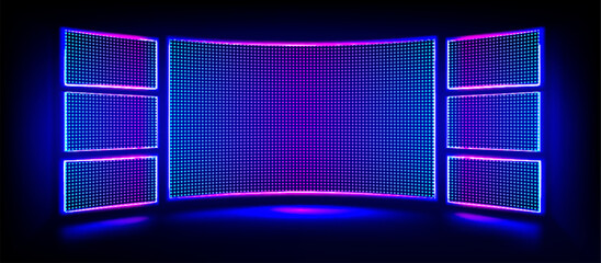 Digital stage screen with led panels. Tv show display for concert or night disco party. Curve concave electronic monitors with neon blue and purple glow. Realistic 3d vector lcd video technology.
