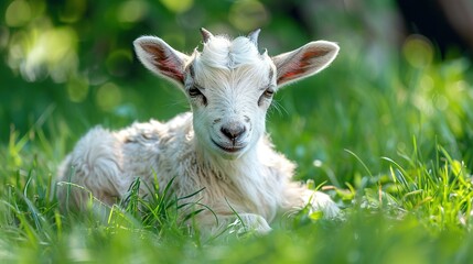 Obraz premium A sad-looking baby goat gazes into the camera from a lush grass field