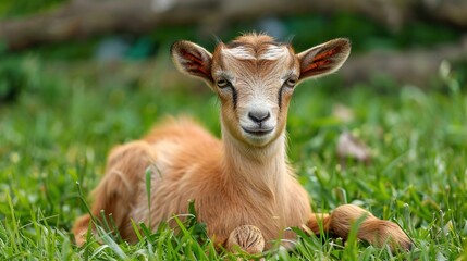   A goat lounges on a bed of lush grass, its head turned toward you