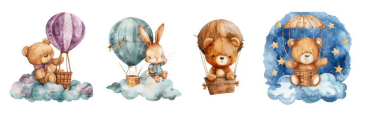 Collection of cute animal on air balloon isolated on transparent background. Generated Ai