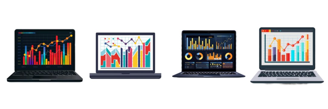 Collection of laptop with business diagram isolated on transparent background. Generated Ai