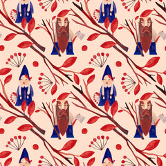 Autumn gnomes. Watercolor seamless pattern for fabrics, home textiles, clothes and wrapping paper. Fairytale vintage style. Beige background.
