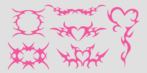 Neo tribal pink emo heart, wings and flame y2k aesthetic tattoo gothic, fire or wings abstract silhouette isolated on background. Divider, border, cyber body ornament, neotribal web goth decoration