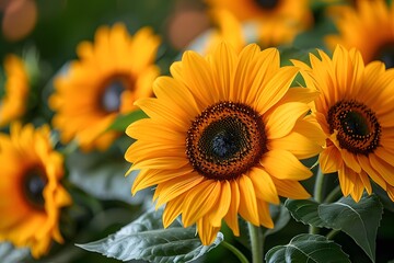 Fototapeta premium Vibrant Yellow Sunflowers Blooming in Sunny Garden for Summer Wallpaper
