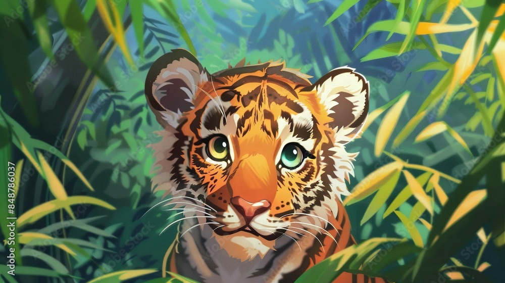 Wall mural a close-up of a tiger in a field of grass with trees in the background and bushes in the foreground