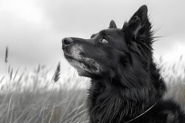 Thoughtful Black Dog in Monochrome Grass Field Poster, Print, Card Design