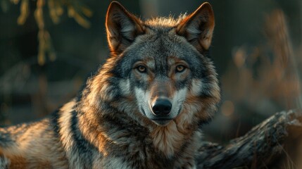 Obraz premium a wolf's face with trees in sharp focus behind