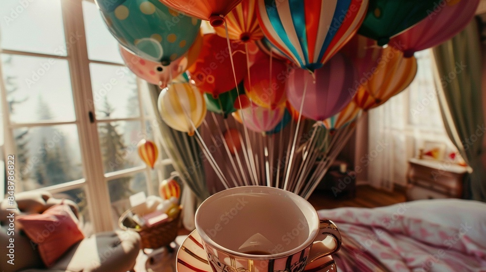 Poster coffee cup on table in front of window with numerous balloons floating above