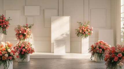 frame with small plants in vase on white classic wall ai generated