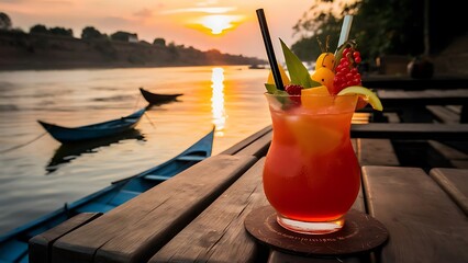Refreshing cocktail with sunset and river in the background