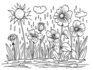 coloring page for kids, spring flowers with sun and rain