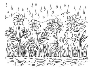 coloring page for kids, spring flowers with sun and rain