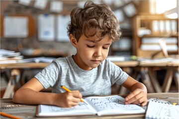 Smiling little schoolboy doing homework while sitting at a table in his bright room. A child with a pen makes notes in a notebook, sitting next to the books.