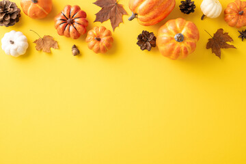 Top view of assorted pumpkins, autumn leaves, and pinecones on a vibrant yellow background for fall seasonal concept