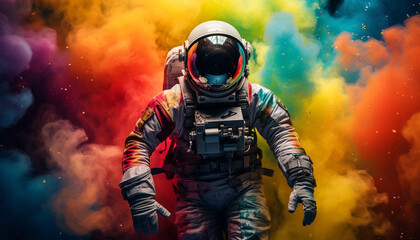 Obraz premium Astronaut in space helmet in the middle of colorful smoke