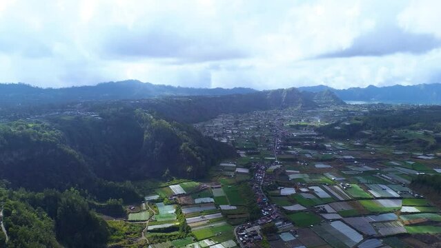 Aerial drone view of Pinggan village, a place to catch the best sunrise in Kintamani, Bali, Indonesia