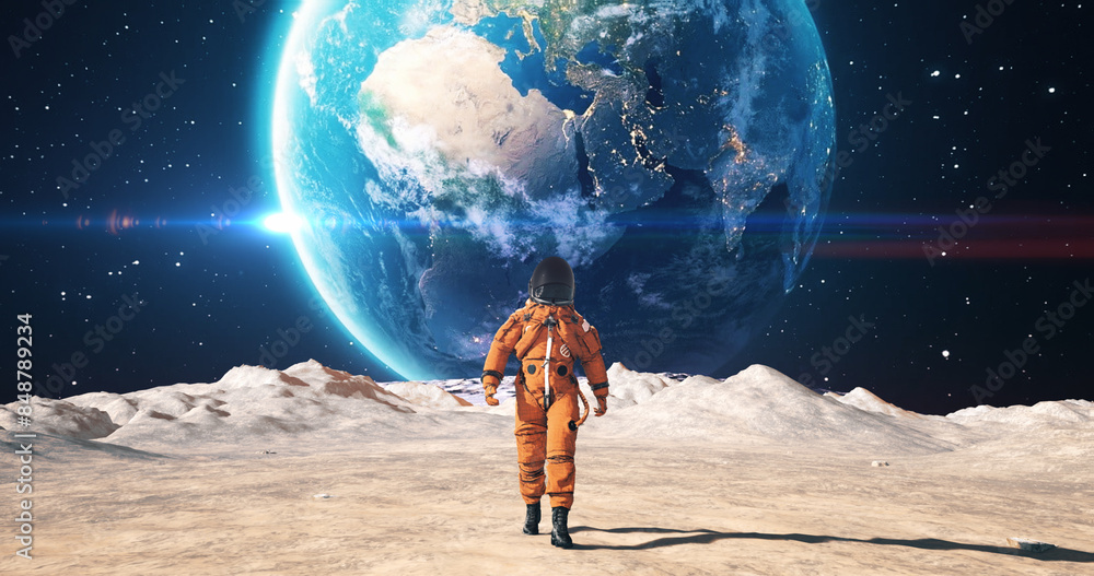 Wall mural young male astronaut in space suit confidently walking on an alien planet. red planet earth is visib