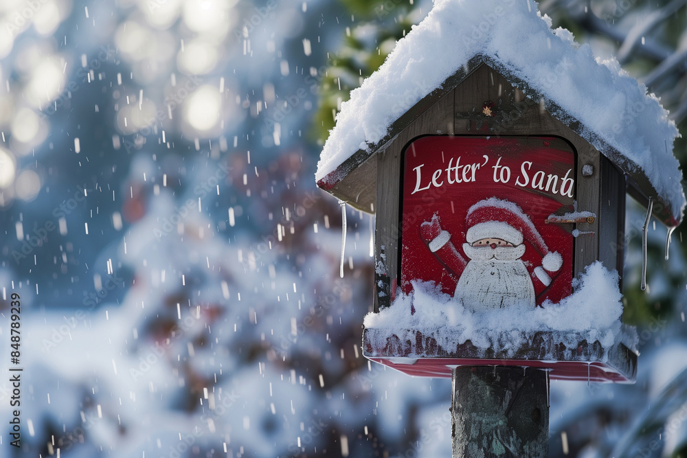 Poster a red mailbox with a santa claus design on it. the mailbox is covered in snow and has a letter to sa