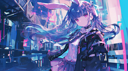cyberpunk school uniform bunny costume, cute anime girl