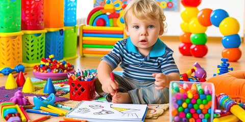 Fototapeta premium A little boy is playing with toys on the floor, enjoying leisure time
