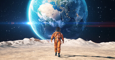 Young Male Astronaut in Space Suit Confidently Walking On An Alien Planet. Red Planet Earth Is Visible In Sky.