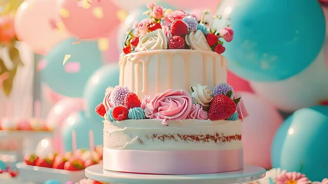 Birthday cake decoration with colorful balloons