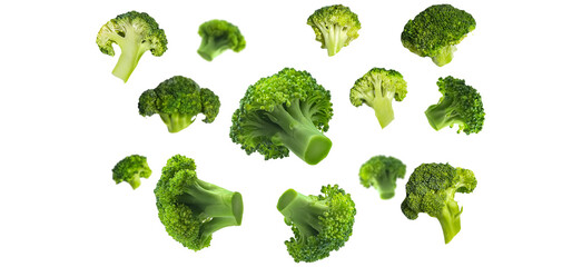 Green broccoli levitating on a white background