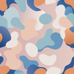 Seamless pattern of fluid organic shapes in soft pastel hues, inspired by natural forms like clouds and water ripples, Generative AI