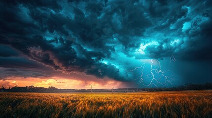 Fototapeta premium A stormy sky with lightning over a field. A lightning storm with thunderbolts during a thunderstorm