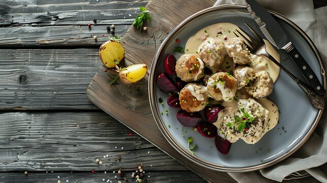 German Knigsberger Klopse meatballs in caper cream sauce with boiled potatoes beet root salad on porcelain plate and rustic wooden table with cutlery and napkin : Generative AI