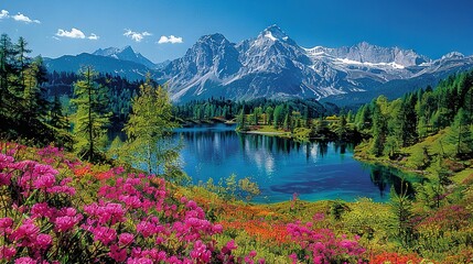 Fototapeta premium A breathtaking panorama of a serene mountain lake encircled by vibrant wildflowers and a lush, verdant forest with a majestic mountain rising in the