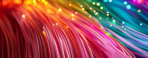 Close up of colorful fibre cables, optics wires cable banner. Generative AI.