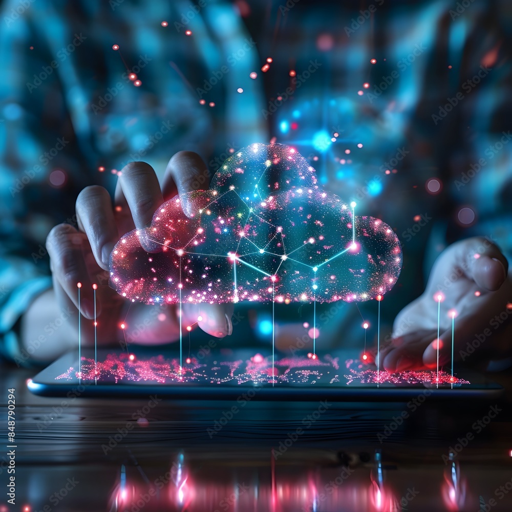 Aufkleber businessperson accessing cloud data visualization on tablet device digital network concept