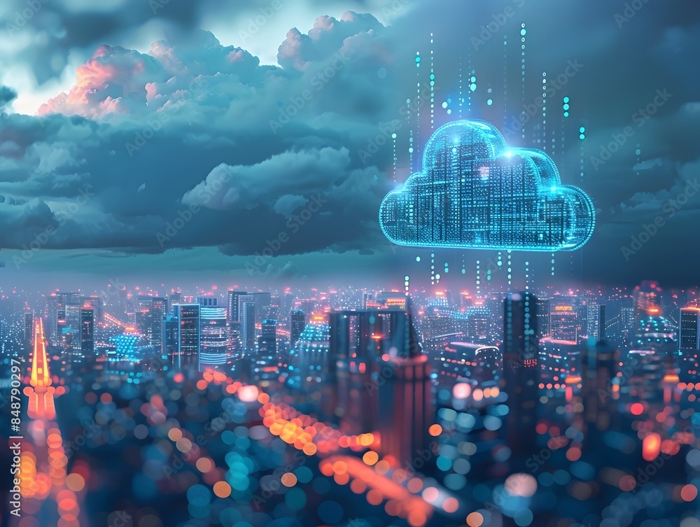 Poster futuristic cityscape with floating cloud icons representing seamless cloud connectivity across the u